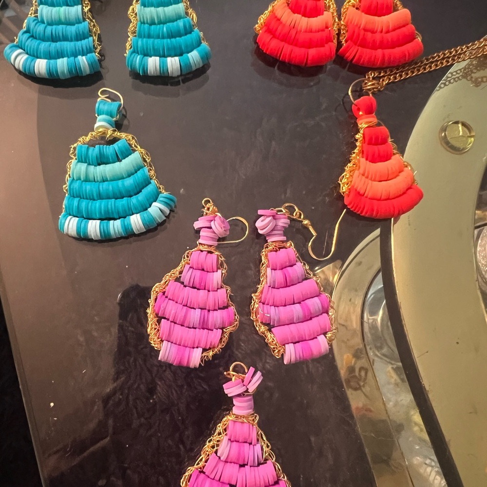 Blue and Pink Tiered Tassel Earrings